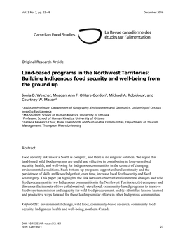 Land-Based Programs in the Northwest Territories: Building Indigenous Food Security and Well-Being from the Ground Up