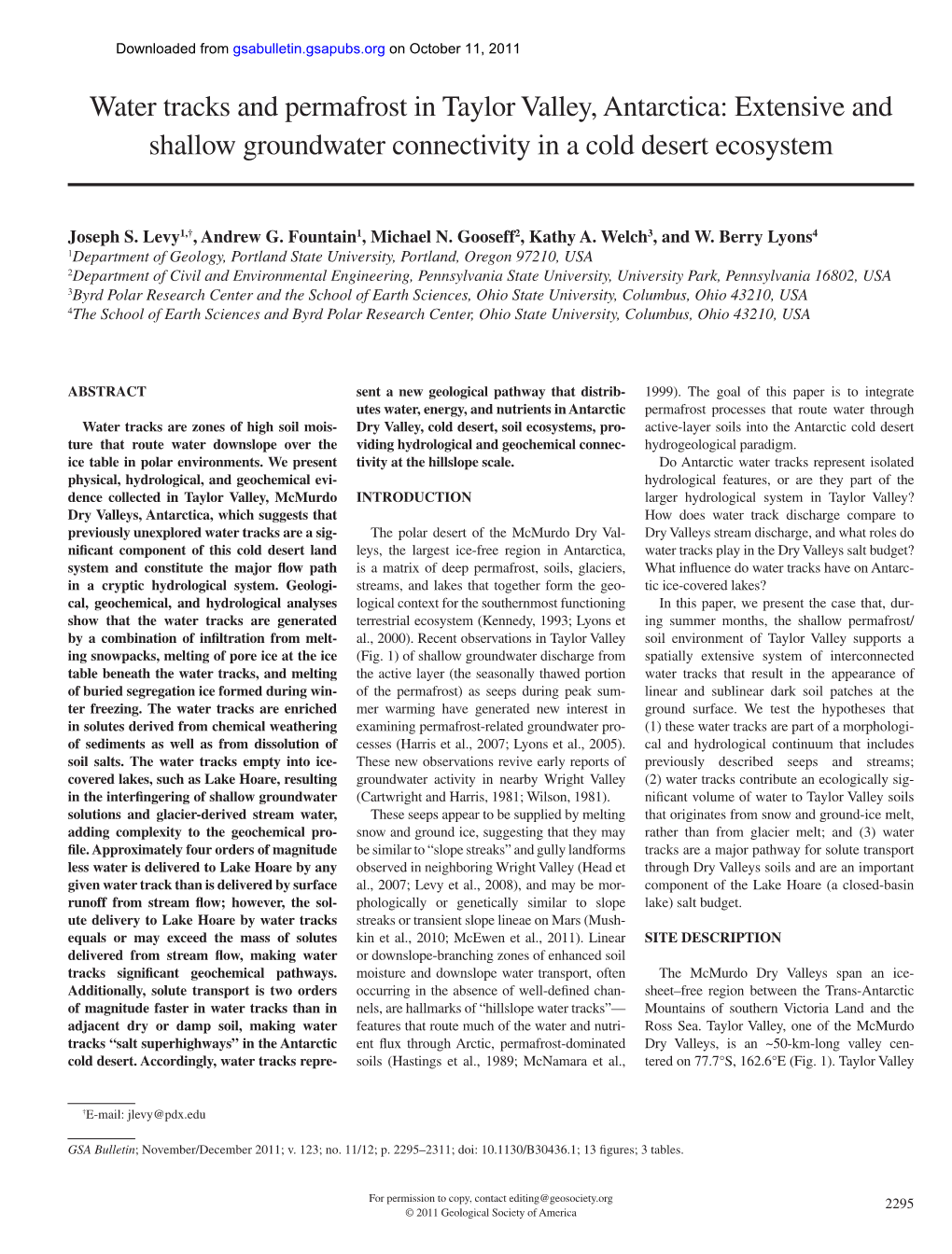 Water Tracks and Permafrost in Taylor Valley, Antarctica: Extensive and Shallow Groundwater Connectivity in a Cold Desert Ecosystem