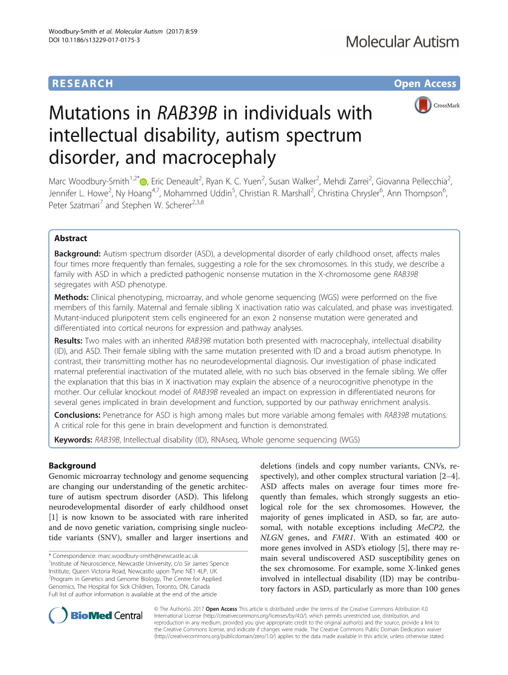Mutations in RAB39B in Individuals with Intellectual Disability, Autism Spectrum Disorder, and Macrocephaly Marc Woodbury-Smith1,2* , Eric Deneault2, Ryan K