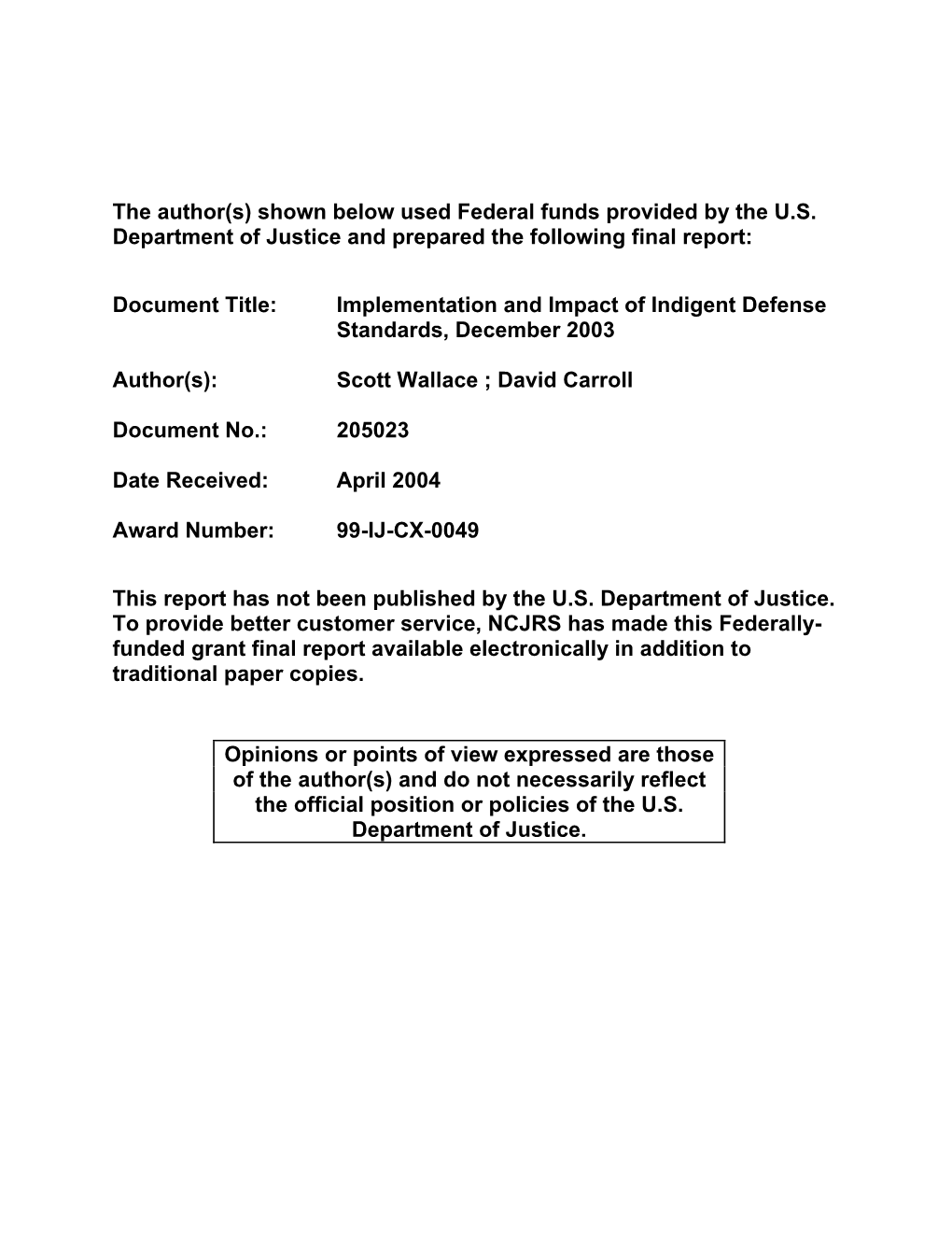 Implementation and Impact of Indigent Defense Standards, December 2003