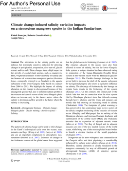 Climate Change-Induced Salinity Variation Impacts on a Stenoecious Mangrove Species in the Indian Sundarbans