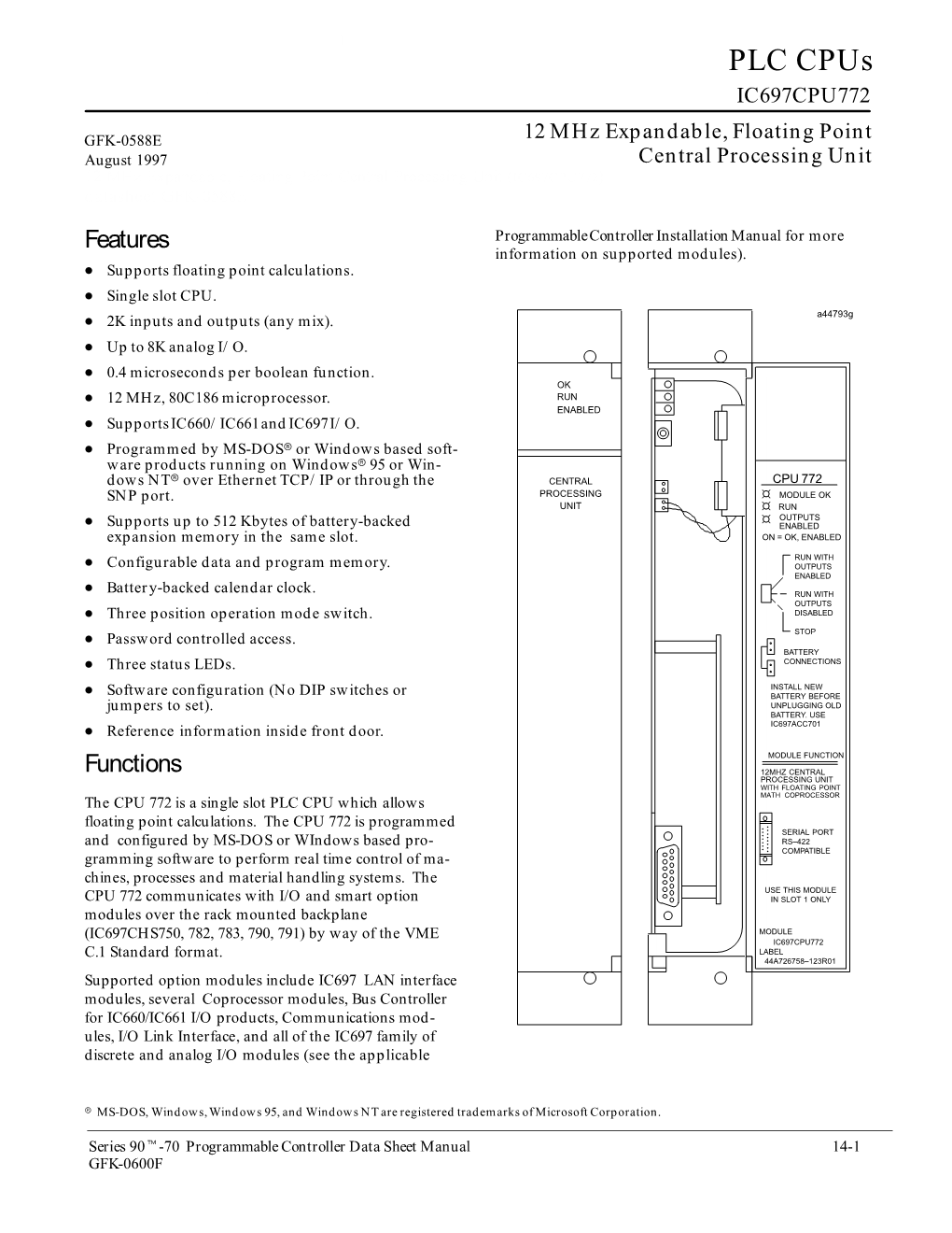 Series 90-70 Programmable Controller Data Sheet Manual, GFK