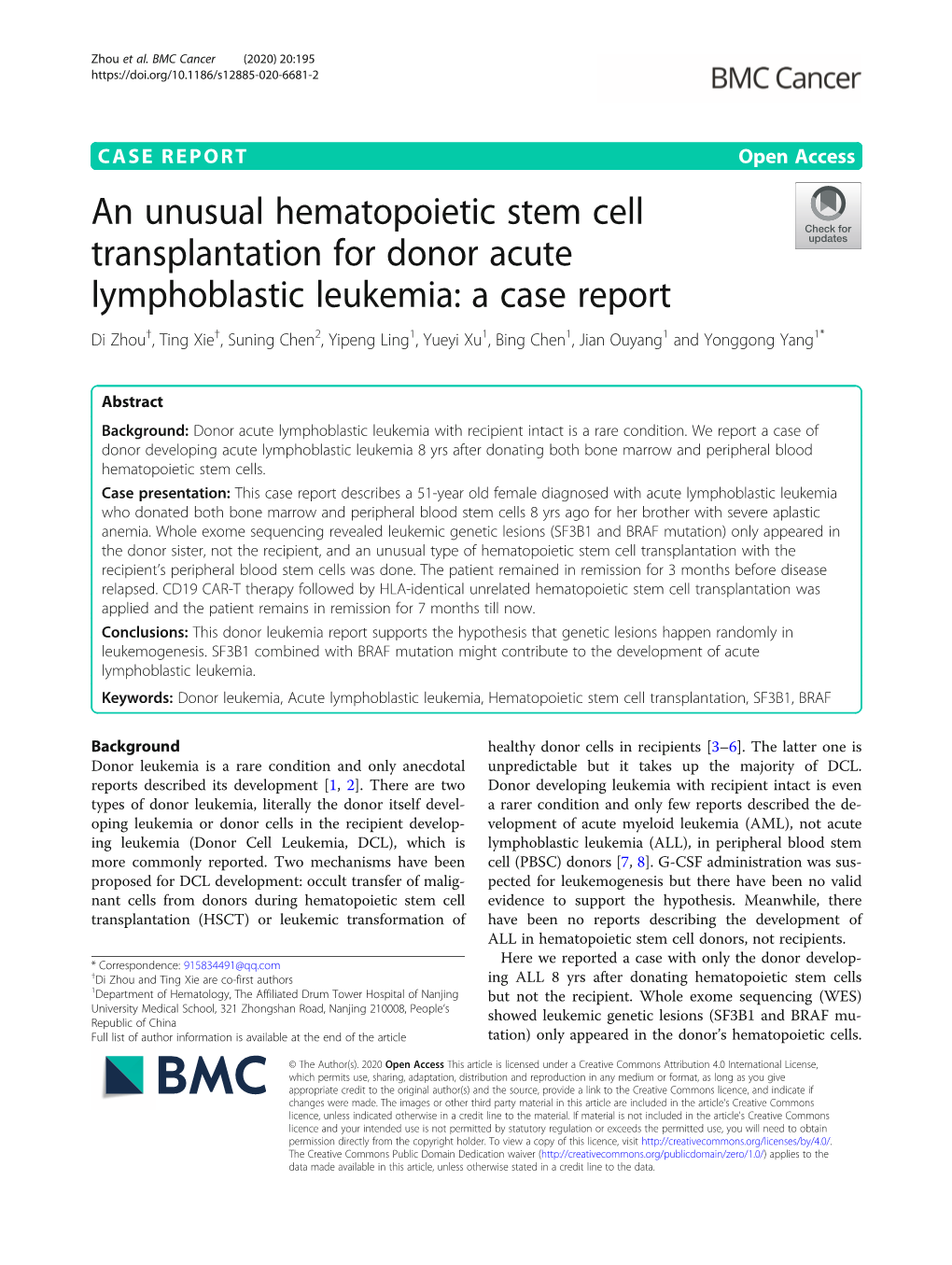 An Unusual Hematopoietic Stem Cell Transplantation for Donor Acute Lymphoblastic Leukemia: a Case Report