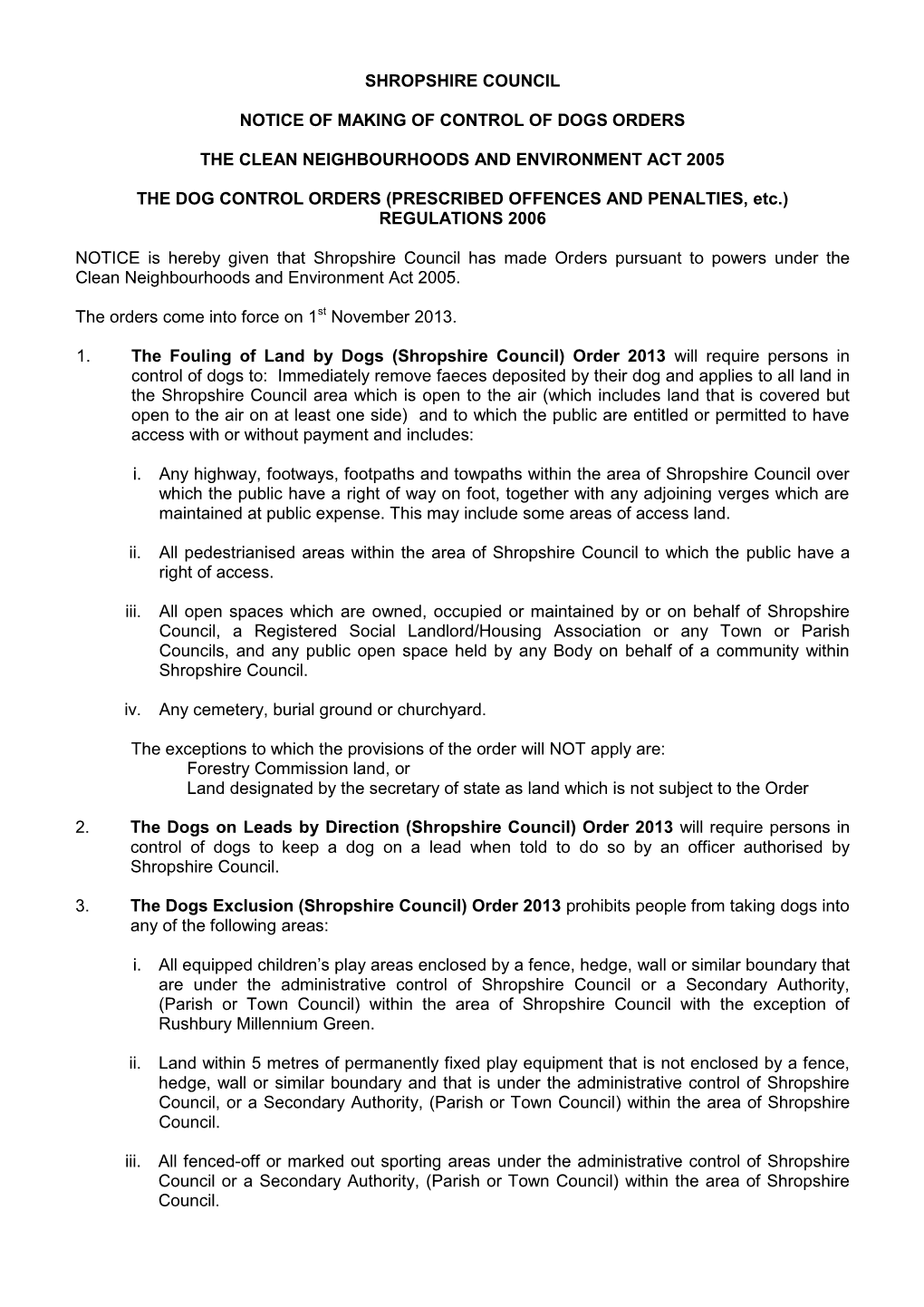 Shropshire Council Notice of Making of Control of Dogs