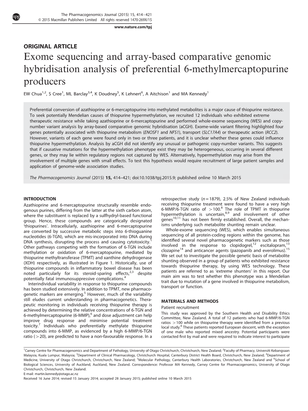 Exome Sequencing and Array-Based Comparative Genomic Hybridisation Analysis of Preferential 6-Methylmercaptopurine Producers