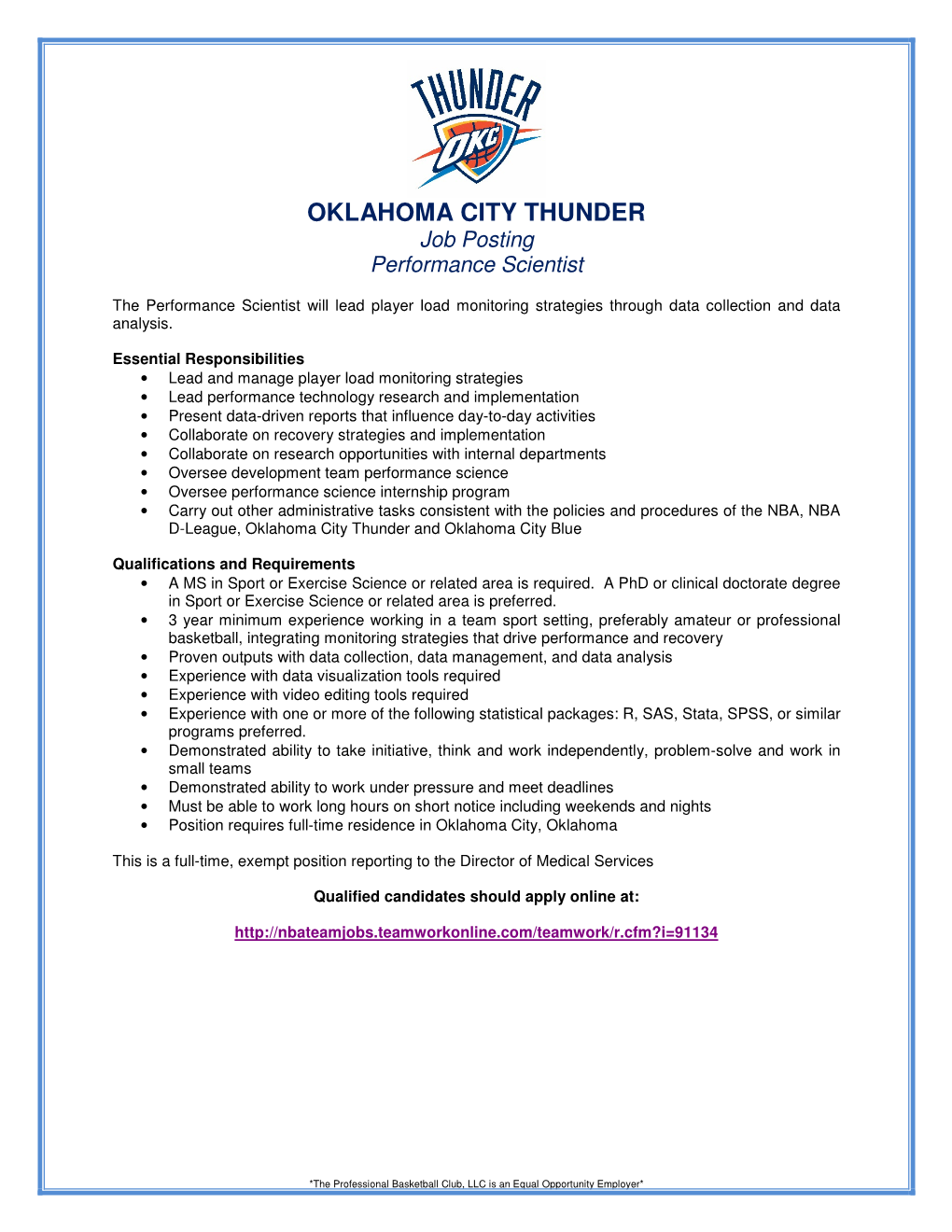 OKLAHOMA CITY THUNDER Job Posting Performance Scientist