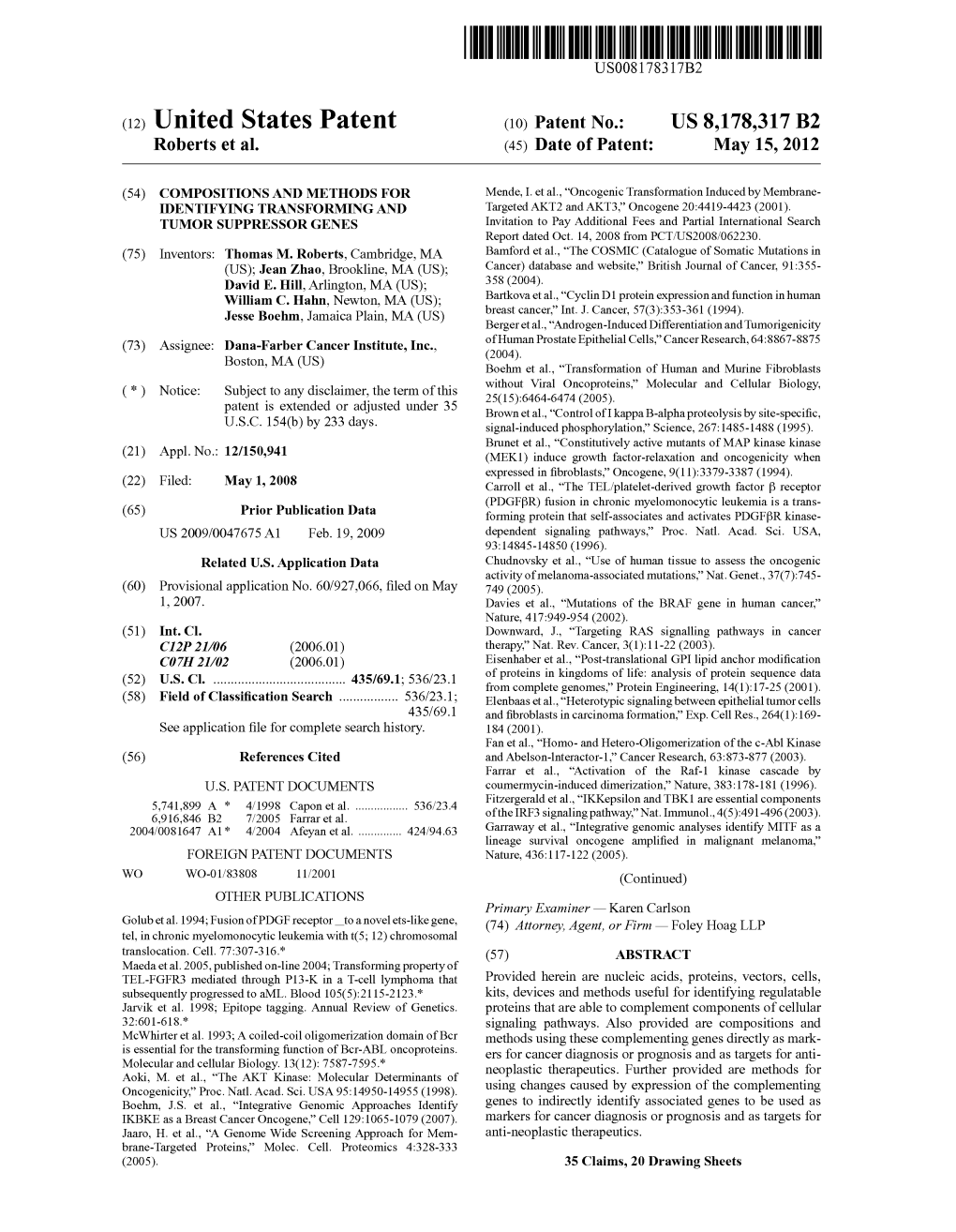 (12) United States Patent (10) Patent No.: US 8,178,317 B2 Roberts Et Al