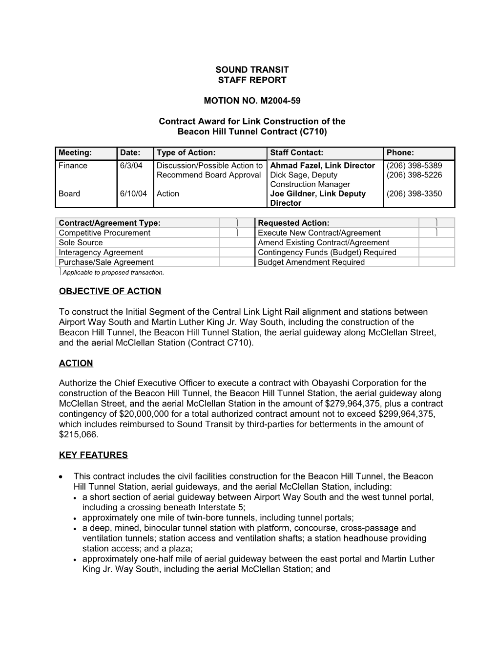 Contract Award for Link Construction of the Beacon Hill Tunnel Contract (C710)