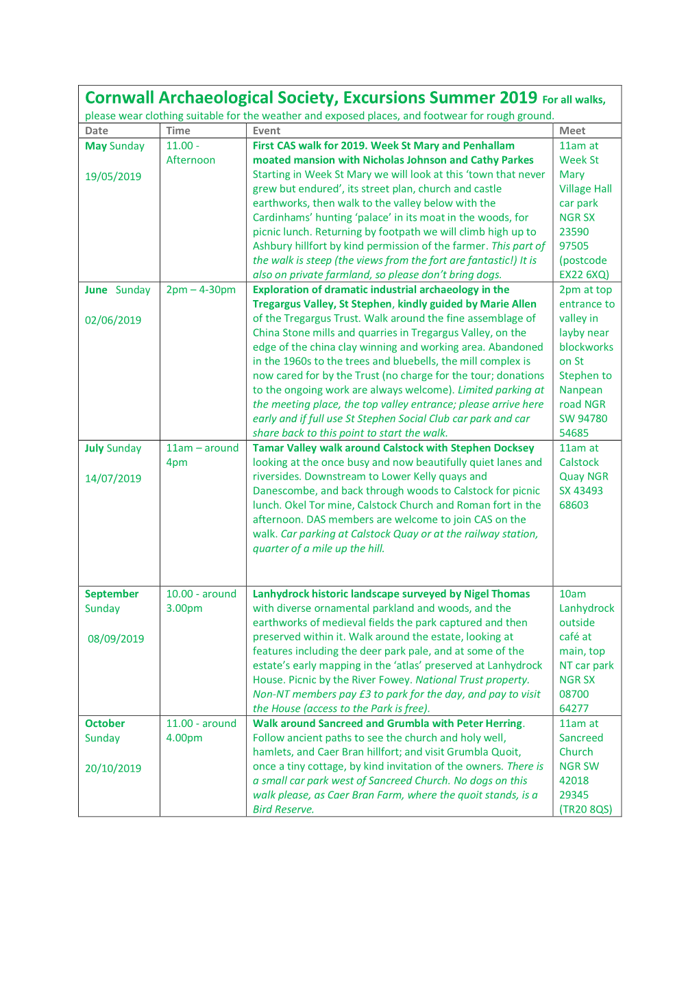 Cornwall Archaeological Society, Excursions Summer 2019 for All Walks, Please Wear Clothing Suitable for the Weather and Exposed Places, and Footwear for Rough Ground