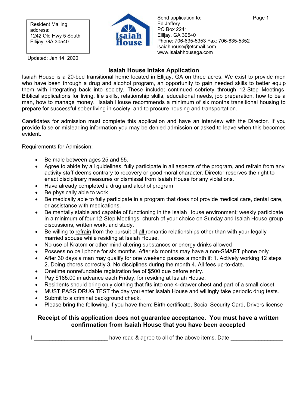 Isaiah House Intake Application Receipt of This Application Does Not