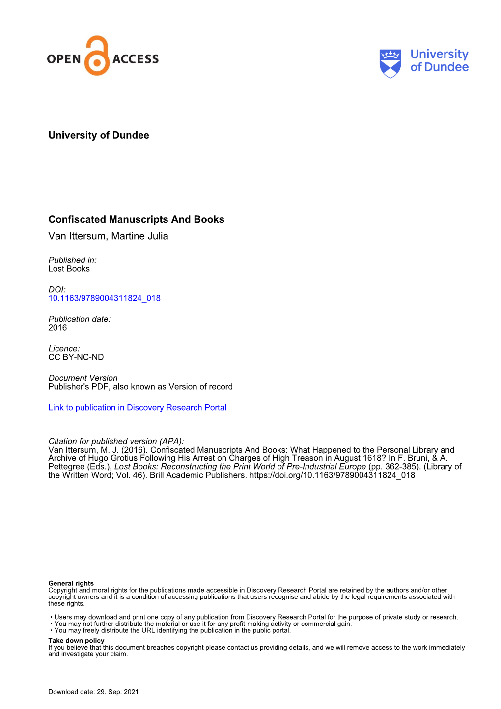 University of Dundee Confiscated Manuscripts and Books Van Ittersum, Martine Julia