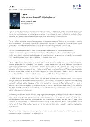 Life 3.0 Max Tegmark Book Review (Wyatt) - .Docx © 2020 John Wyatt Page 1 of 3 Life 3.0 Being Human in the Age of Artificial Intelligence