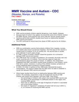 MMR Vaccine and Autism - CDC (Measles, Mumps, and Rubella) FACT SHEET