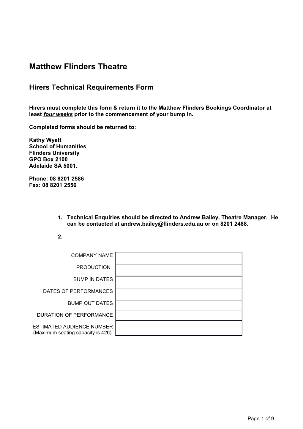 Hirers Technical Requirements Form