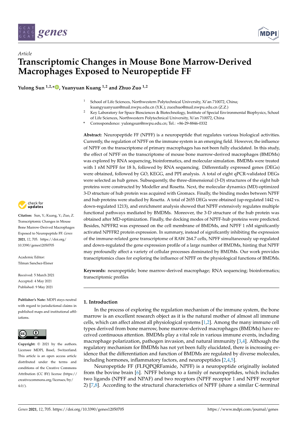 Transcriptomic Changes in Mouse Bone Marrow-Derived Macrophages Exposed to Neuropeptide FF