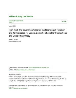 High Alert: the Government's War on the Financing of Terrorism and Its Implication for Donors, Domestic Charitable Organizations, and Global Philanthropy