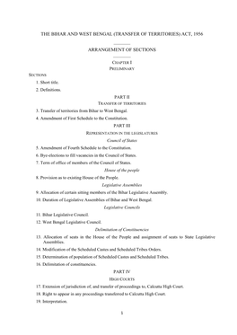 The Bihar and West Bengal (Transfer of Territories) Act, 1956 ______Arrangement of Sections ______Chapter I Preliminary Sections 1