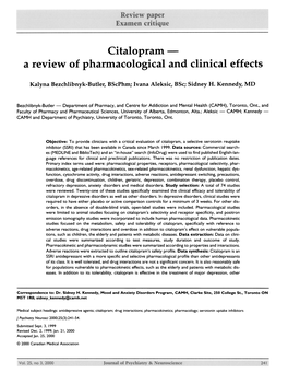 Citaloprami a Review of Pharmacological and Clinical Effects