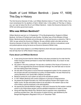 Death of Lord William Bentinck - [June 17, 1839] This Day in History