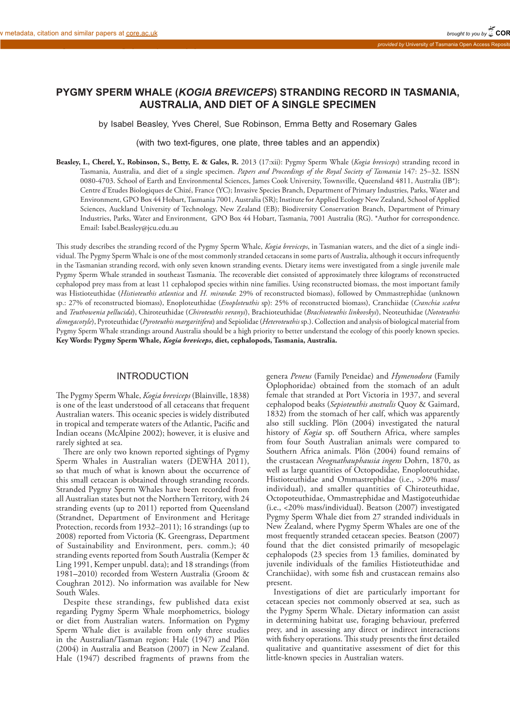 Ygmy Sperm Whale (Kogia Breviceps) Stranding Record in Tasmania, Australia, and Diet of a Single Specimen