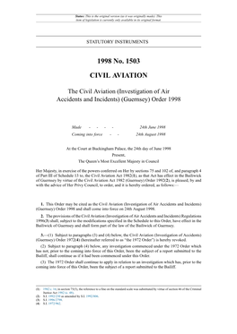 The Civil Aviation (Investigation of Air Accidents and Incidents) (Guernsey) Order 1998