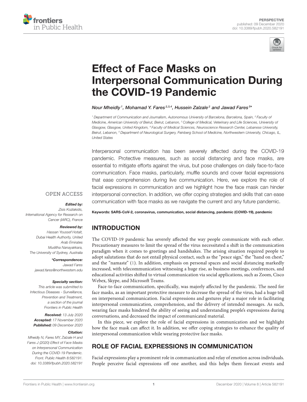 Effect of Face Masks on Interpersonal Communication During the COVID-19 Pandemic