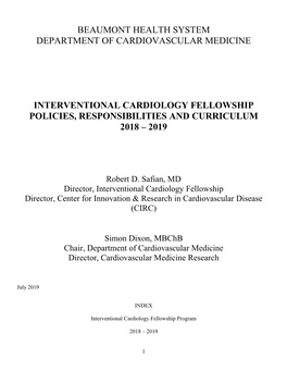 Interventional Cardiology Fellowship Policies, Responsibilities and Curriculum 2018 – 2019