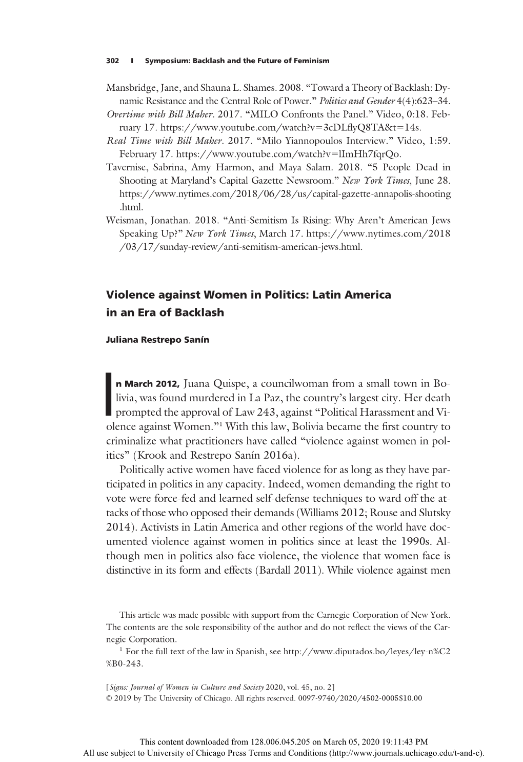 Violence Against Women in Politics: Latin America in an Era of Backlash