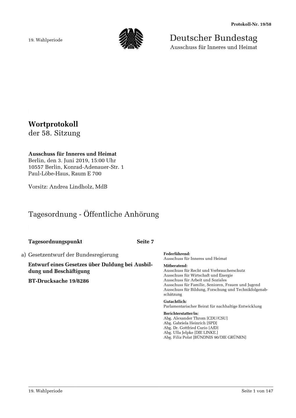 Wortprotokoll Der 58. Sitzung Tagesordnung