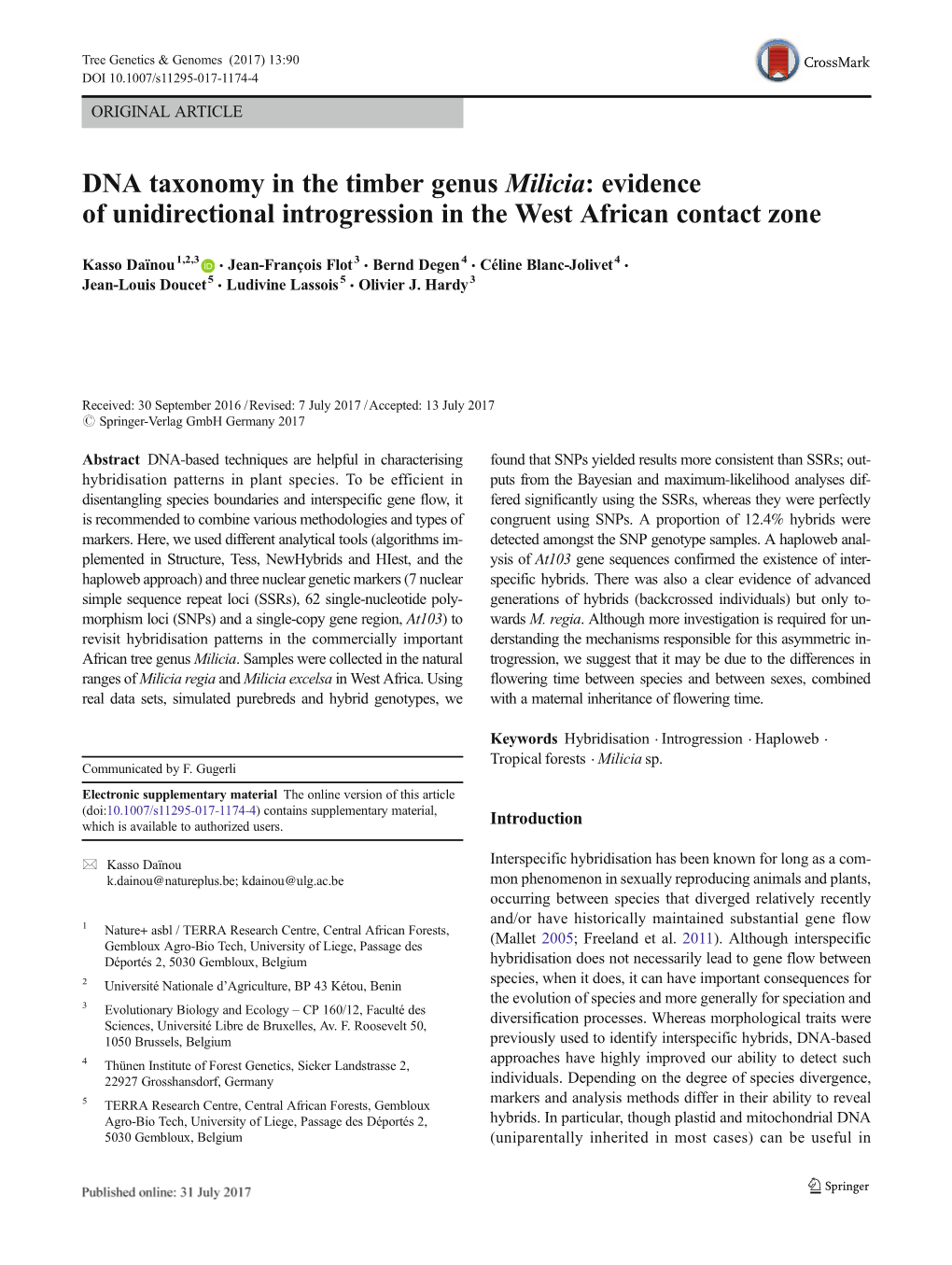 DNA Taxonomy in the Timber Genus Milicia:Evidence of Unidirectional Introgression in the West African Contact Zone