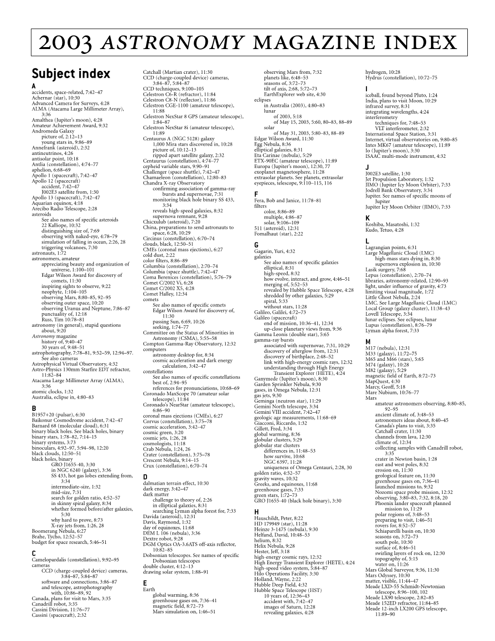 2003 Astronomy Magazine Index