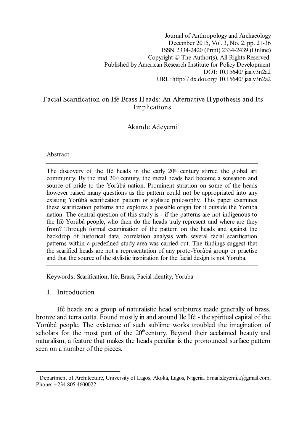 Facial Scarification on Ifè Brass Heads: an Alternative Hypothesis and Its Implications