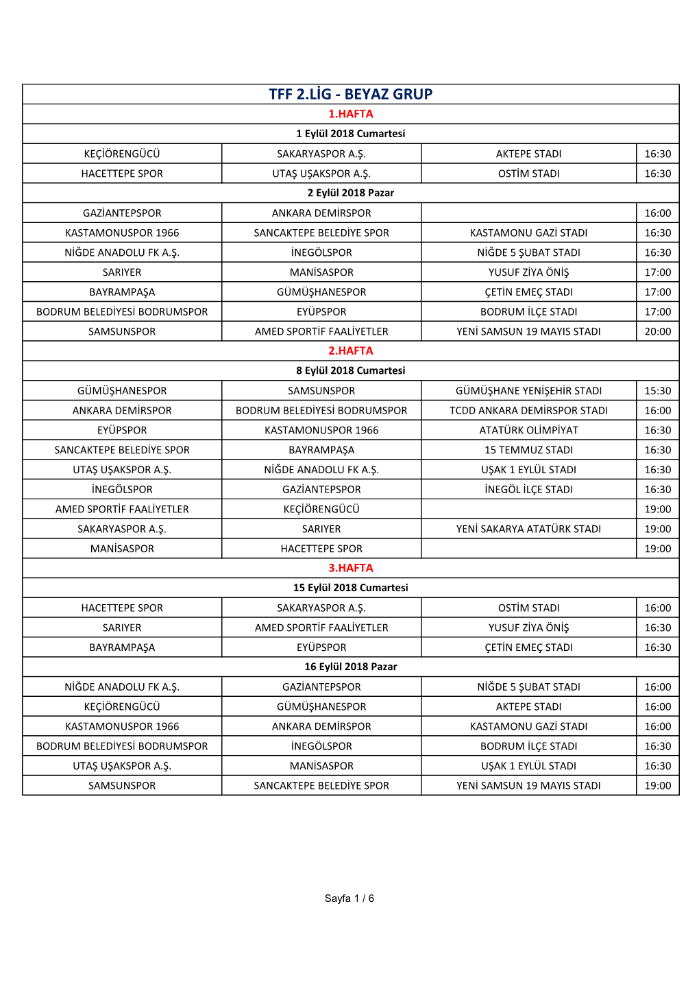 TFF 2.LİG - BEYAZ GRUP 1.HAFTA 1 Eylül 2018 Cumartesi KEÇİÖRENGÜCÜ SAKARYASPOR A.Ş