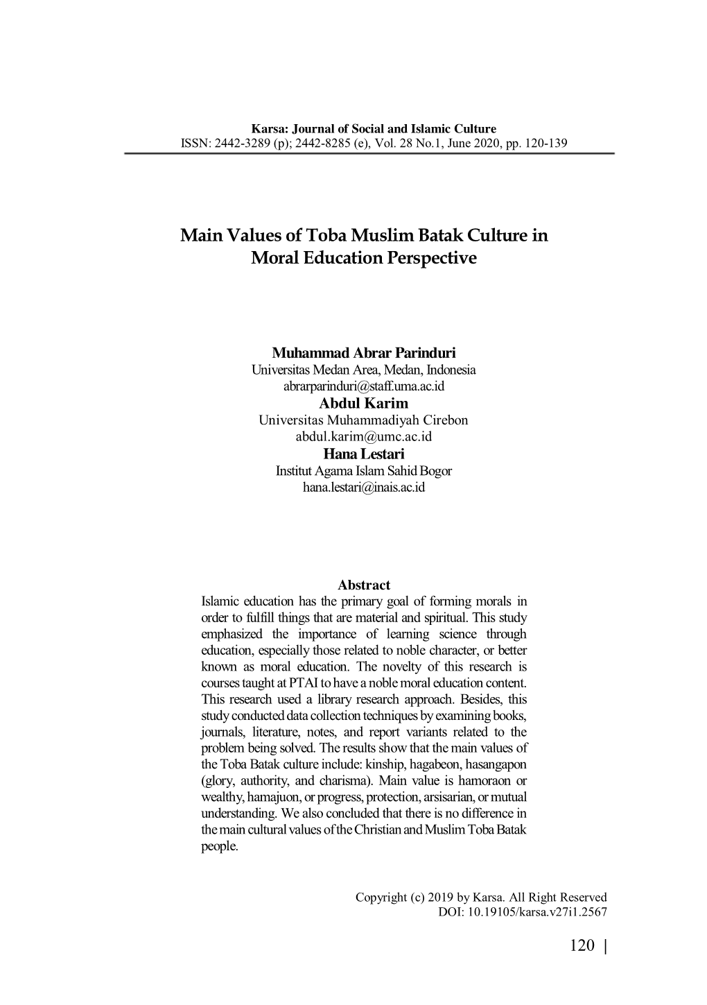 Values of Toba Muslim Batak Culture in Moral Education Perspective