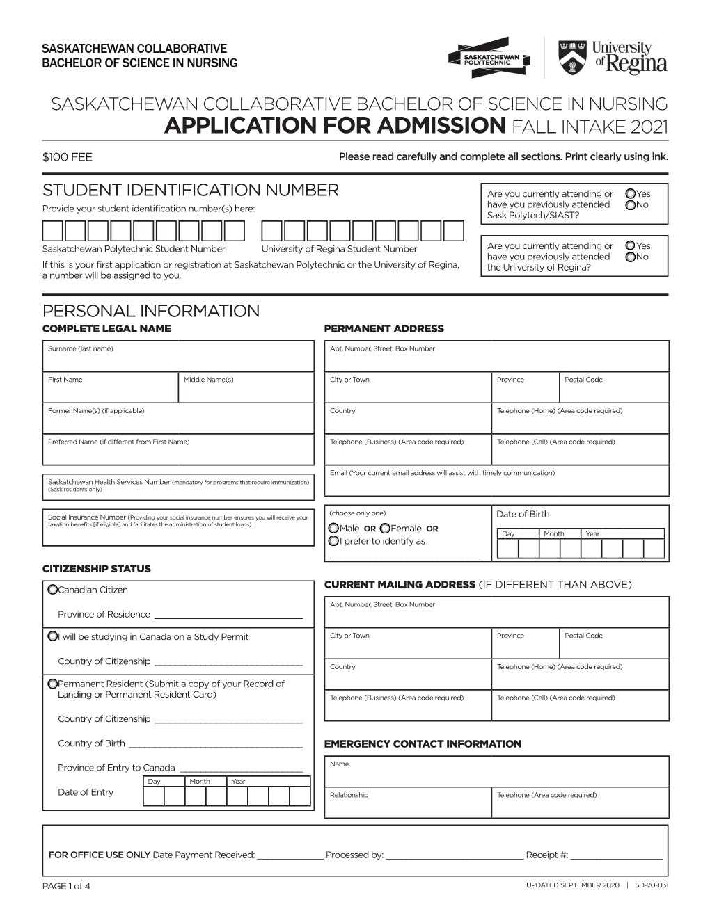 Application for Admission Fall Intake 2021