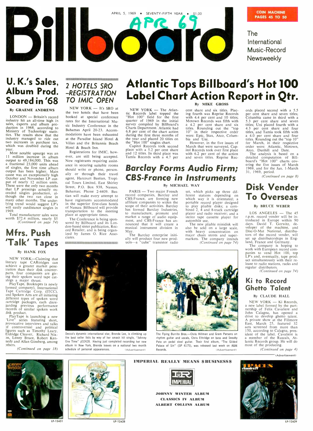 Label Chart Action Report in Qtr. Soared in '68 by MIKE GROSS NEW YORK It''s SRO at by GRAEME ANDREWS - NEW YORK - the Atlan- Cent Share and Six Titles