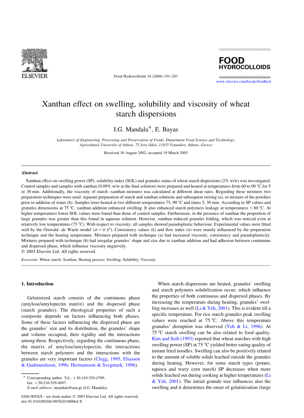 Xanthan Effect on Swelling, Solubility and Viscosity of Wheat Starch Dispersions