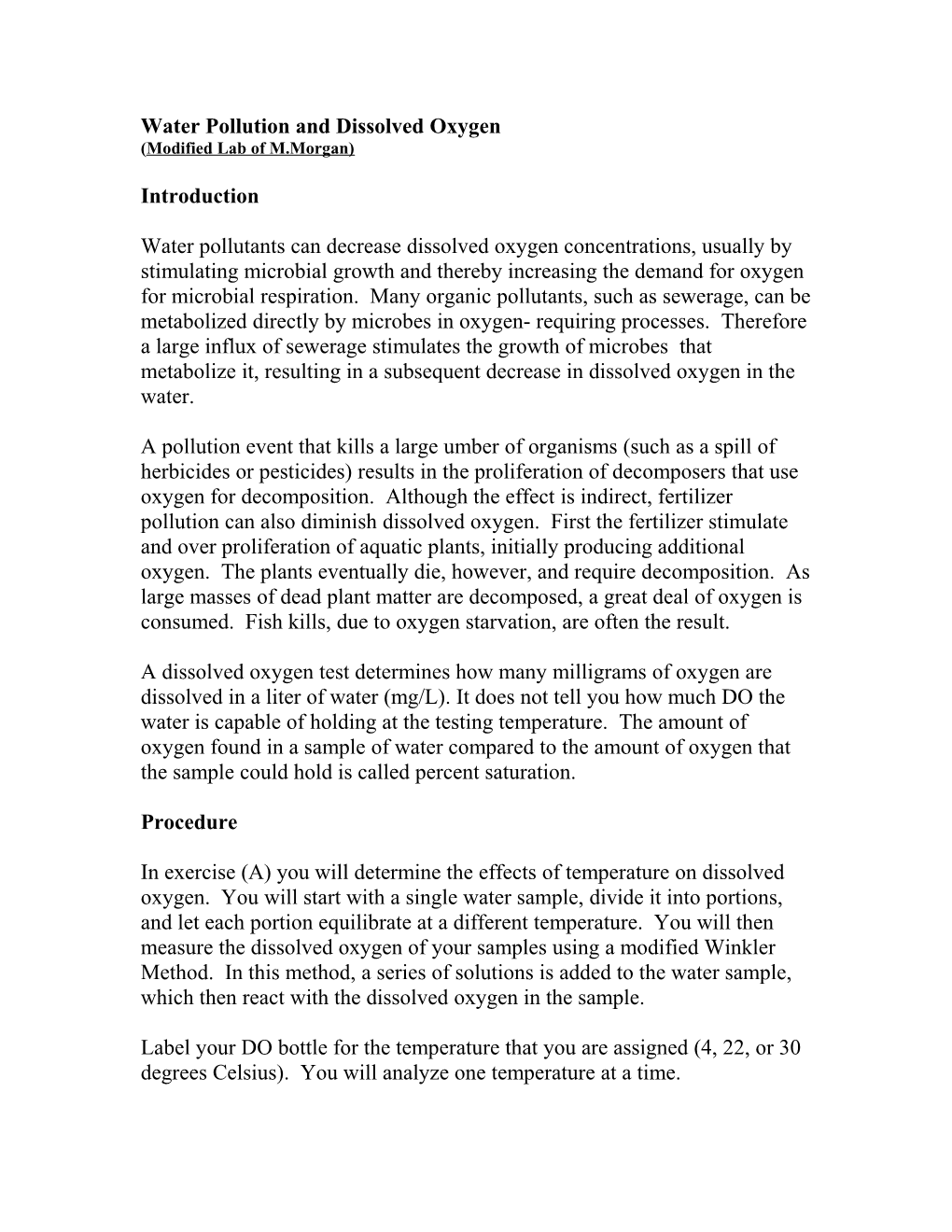 Water Pollution and Dissolved Oxygen