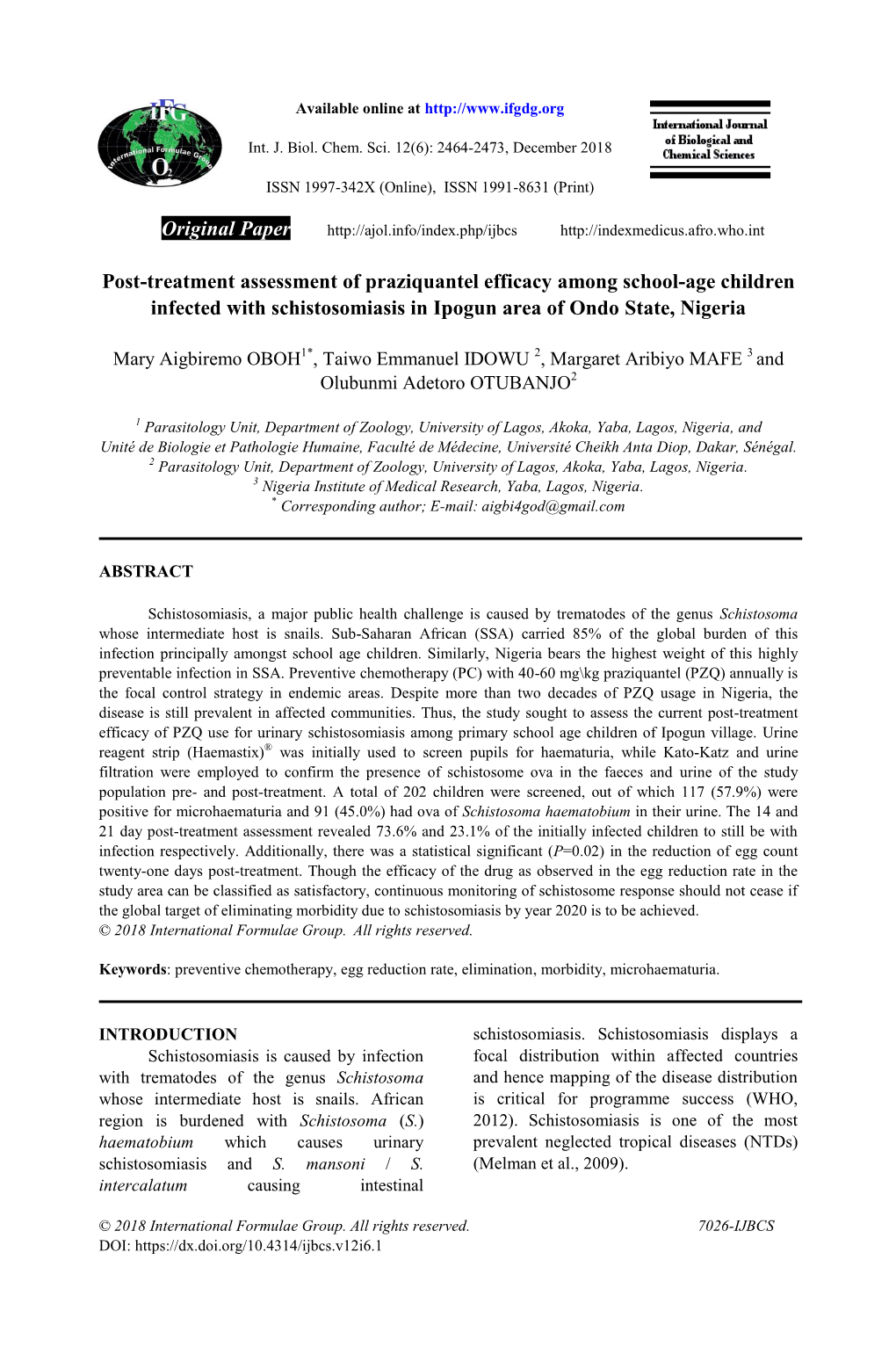 Post-Treatment Assessment of Praziquantel Efficacy Among School-Age Children Infected with Schistosomiasis in Ipogun Area of Ondo State, Nigeria