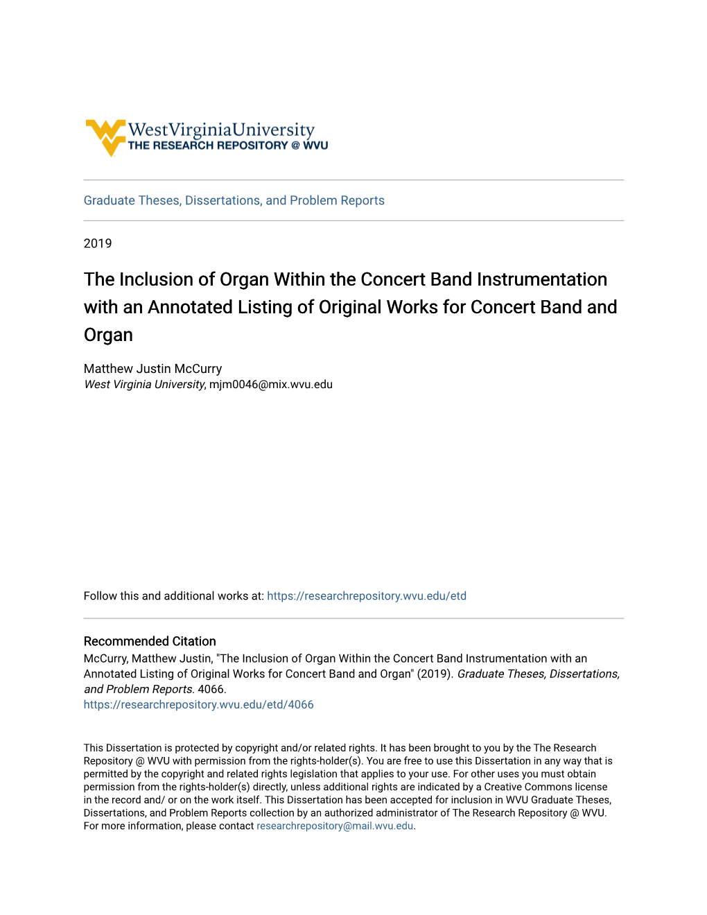 The Inclusion of Organ Within the Concert Band Instrumentation with an Annotated Listing of Original Works for Concert Band and Organ