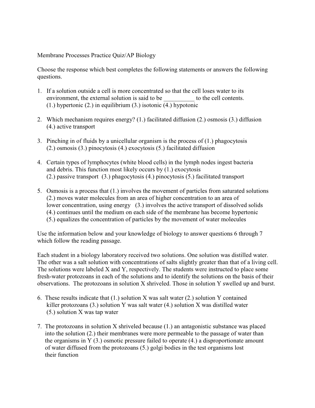 Membrane Processes Practice Quiz/AP Biology