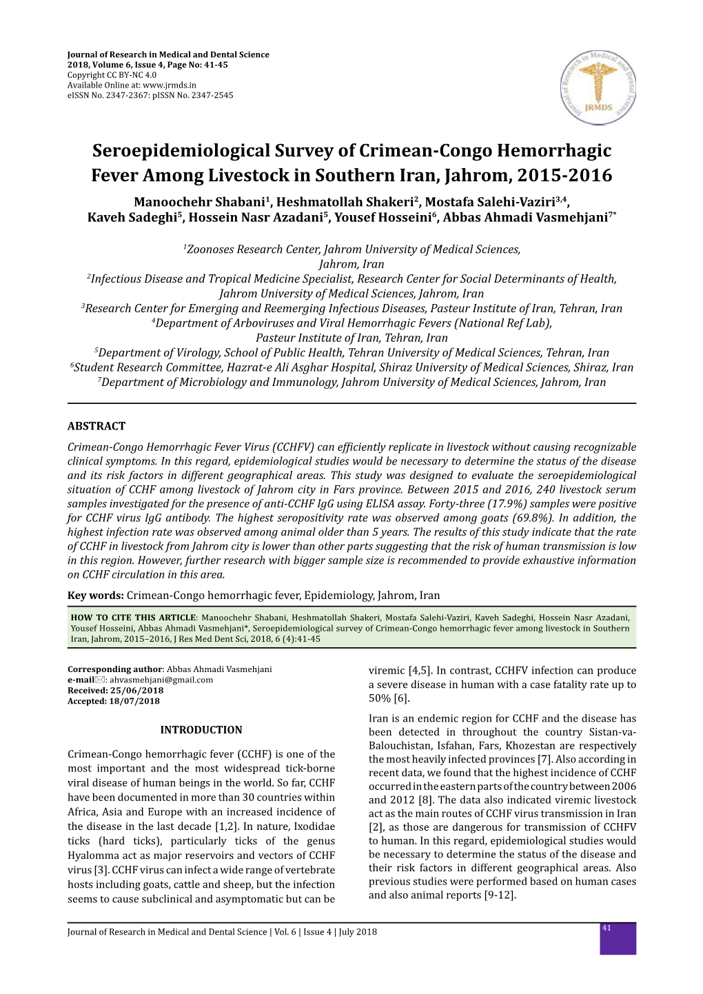 Seroepidemiological Survey of Crimean-Congo Hemorrhagic