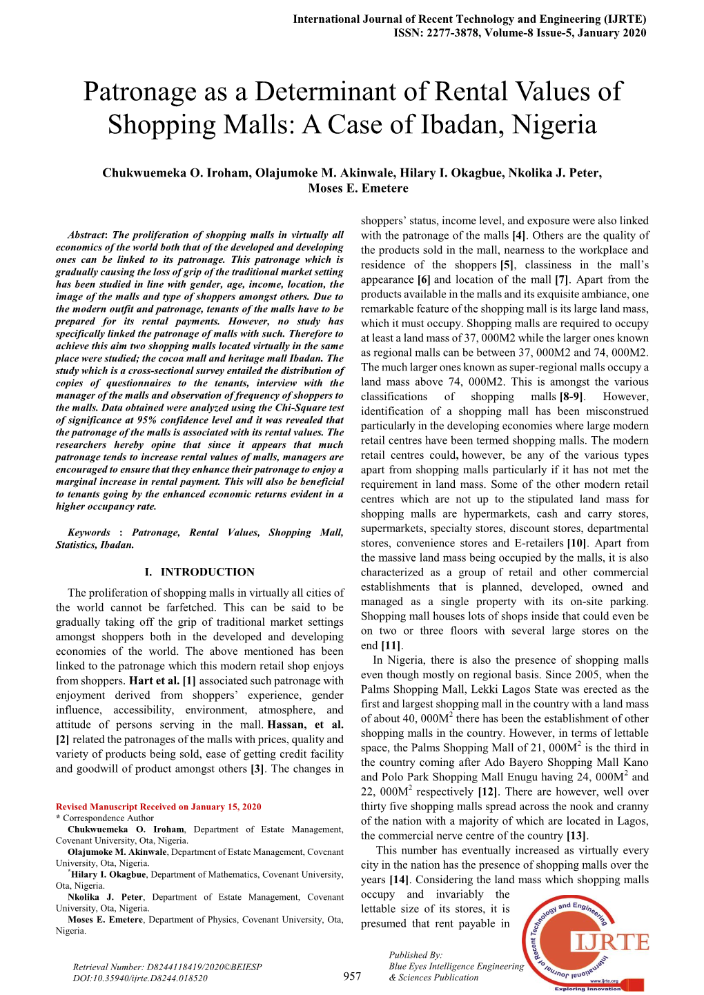 Patronage As a Determinant of Rental Values of Shopping Malls: a Case of Ibadan, Nigeria