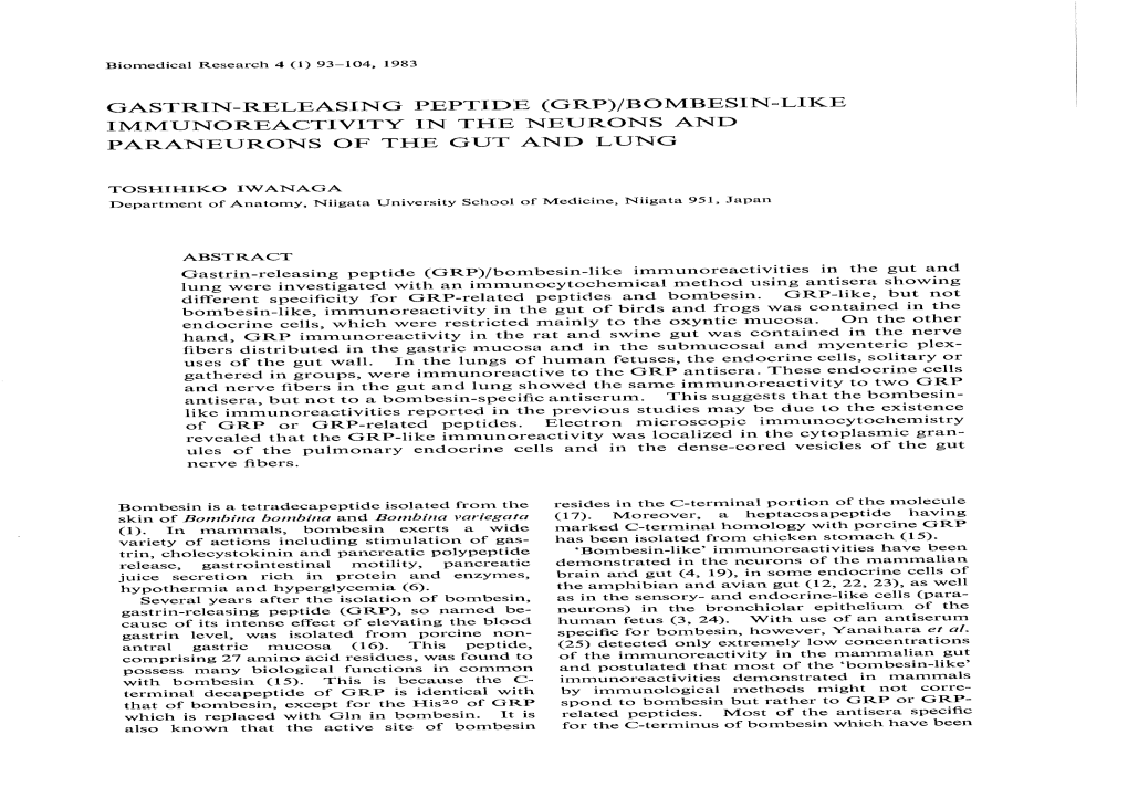 Gastrin-Releasing Peptide (Grp)/Bombesin-Like Immunoreactivity in the Neurons and Paraneurons of the Gut and Lung