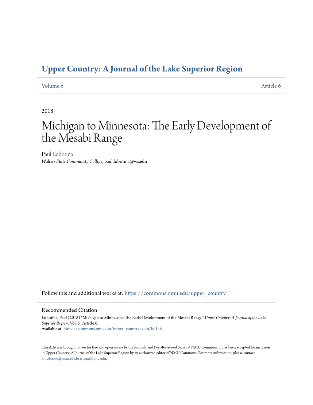 Michigan to Minnesota: the Early Development of the Mesabi Range,