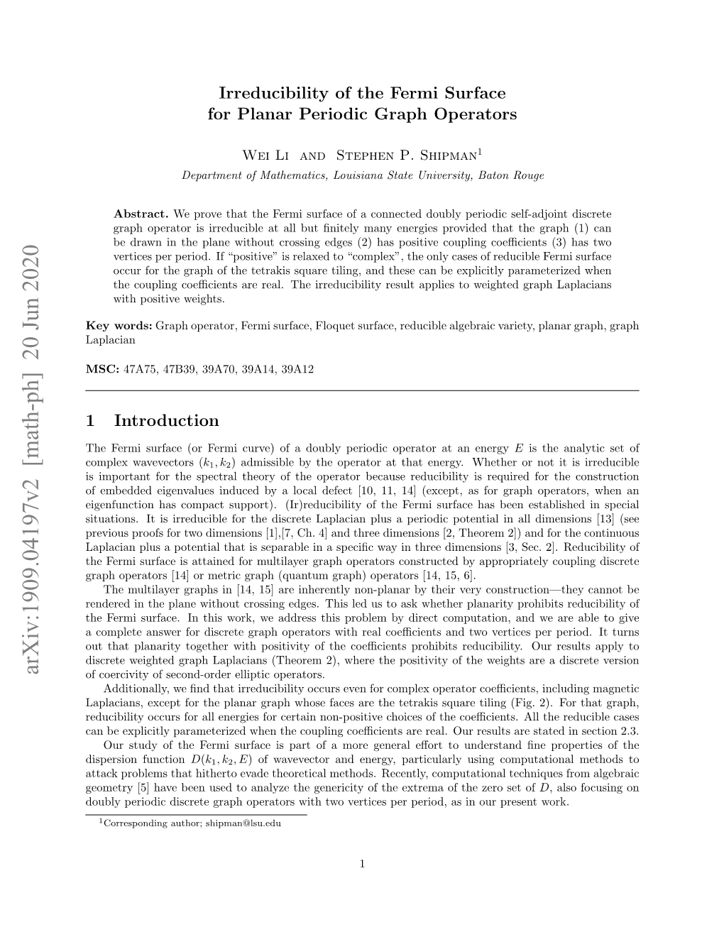 Irreducibility of the Fermi Surface for Planar Periodic Graph Operators