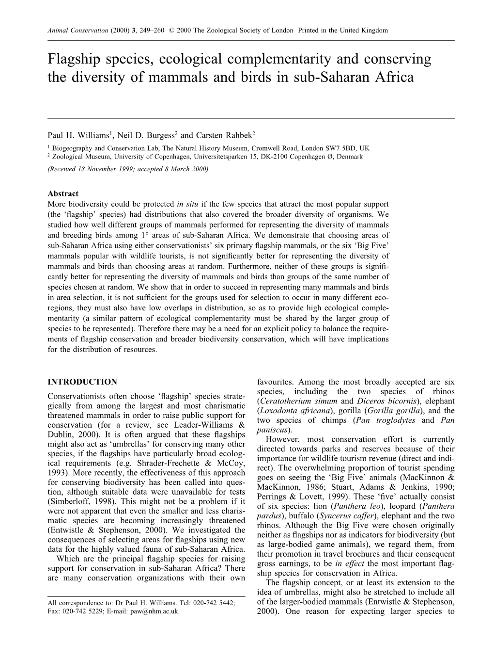 Flagship Species, Ecological Complementarity and Conserving the Diversity of Mammals and Birds in Sub-Saharan Africa