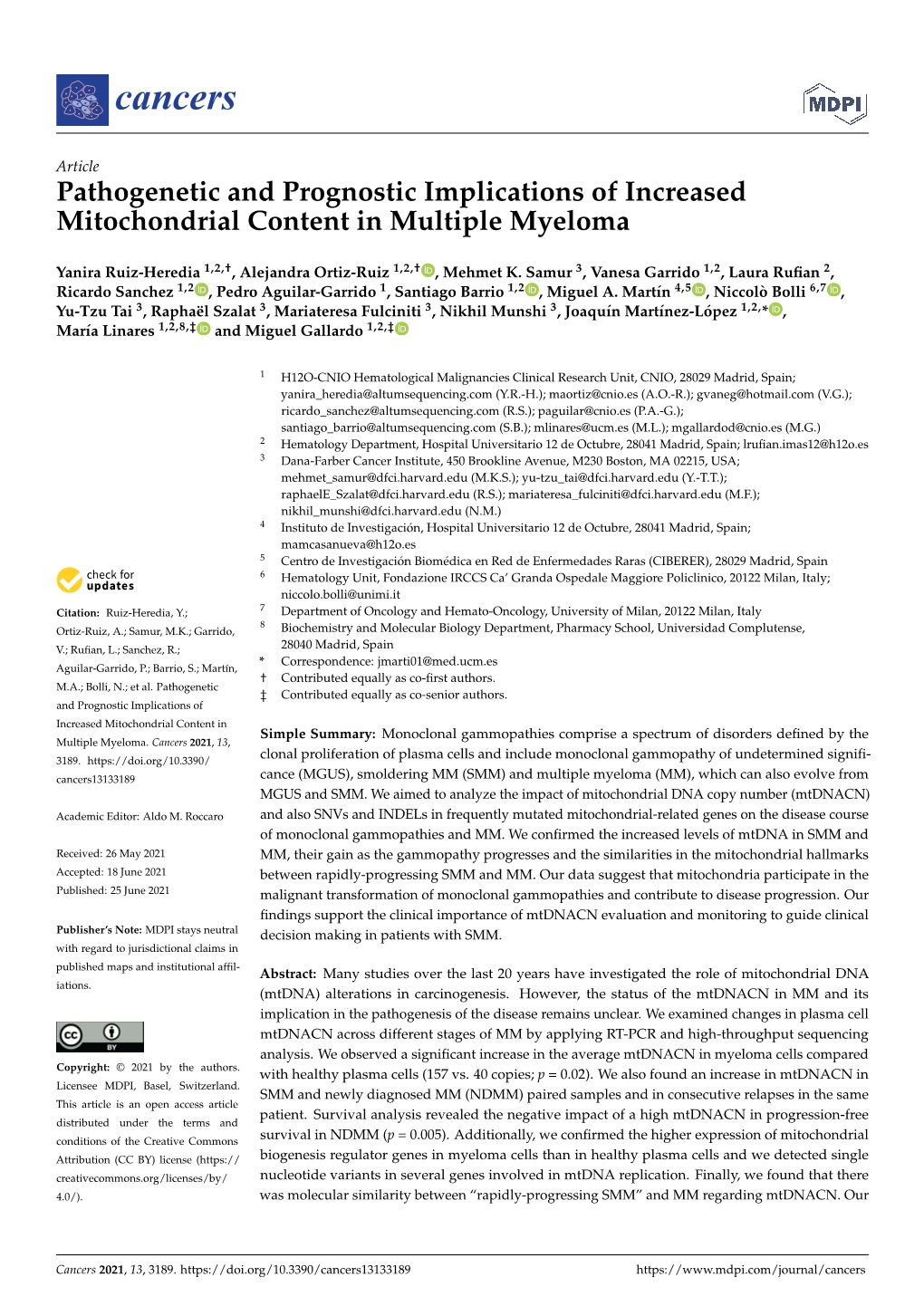Pathogenetic and Prognostic Implications of Increased Mitochondrial Content in Multiple Myeloma