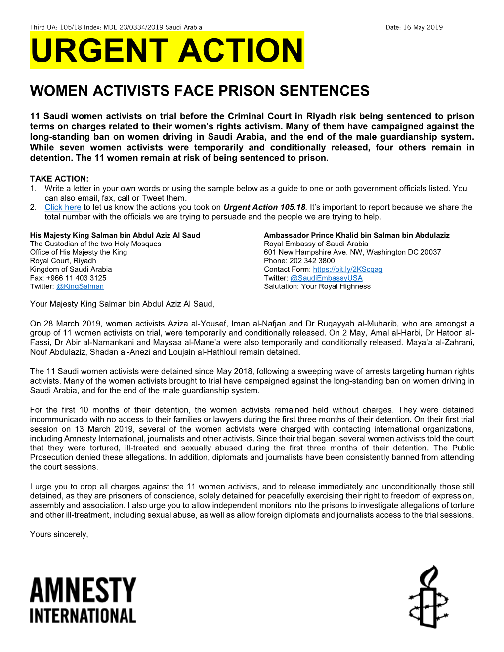 Urgent Action Women Activists Face Prison Sentences