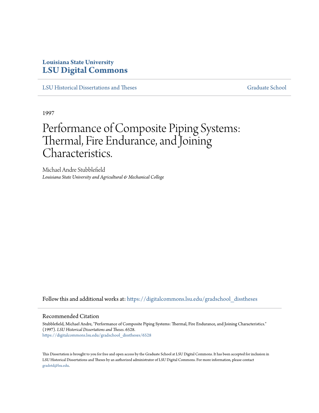 Performance of Composite Piping Systems: Thermal, Fire Endurance, and Joining Characteristics